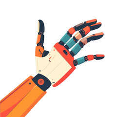 Robotic Hand Extending Fingers In A Wave Gesture With Orange And Blue Accents On A White Background
