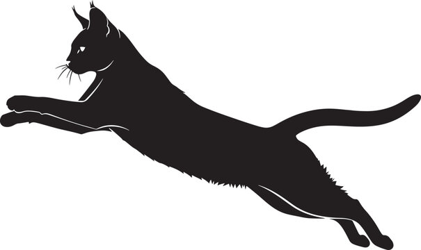 Agile black feline silhouette captured in a powerful dynamic leap, showcasing speed, grace, and stealth. elegant vector illustration of a jumping cat ideal for pet, sport, and design themes.