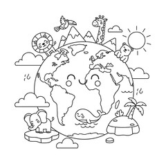 Obraz premium A cartoon drawing of Earth populated with animals and plants