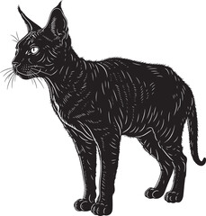 Stylized illustration of an elegant black cat with prominent ears and sleek lines, standing gracefully on a clean background, embodying feline mystique.