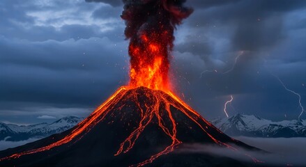 Volcanic Eruption Under Stormy Skies