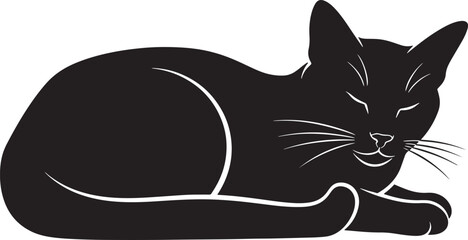 Lying down black cat vector illustration with closed eyes, a peaceful domestic feline taking a nap, isolated graphic design element, pets and animals concept art.