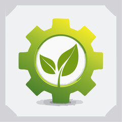 Green gear incorporating a growing plant leaf represents sustainability