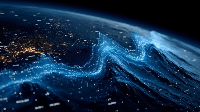 Abstract blue planet with flowing digital data streams and glowing city lights showcasing modern