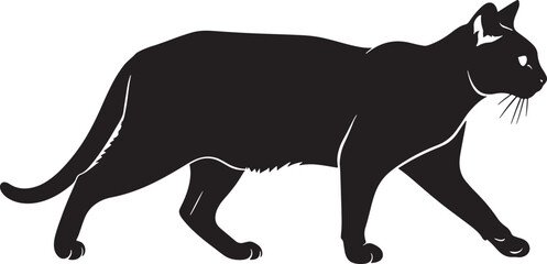 Black domestic cat silhouette walking sideways, elegant feline profile, minimalist pet illustration, simple animal graphic, sleek kitty vector, isolated on white