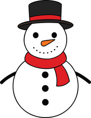 Cartoon snowman with black hat and red scarf on white background