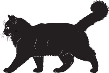 Black domestic cat vector silhouette in profile, elegant feline animal walking or standing, isolated graphic illustration of a furry pet on a crisp white background.