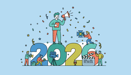 Filmmaking crew preparing a celebratory announcement for the New Year 2026 launch