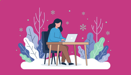 Woman working on a laptop outdoors in a stylized winter landscape Remote work concept