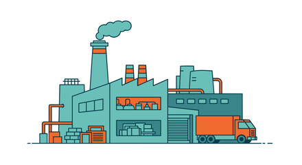 Modern industrial factory building illustration with truck and smokestack symbolizing manufacturing and logistics