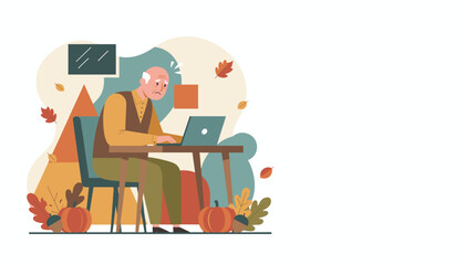 Confused senior man struggles with laptop technology Autumn digital literacy challenge