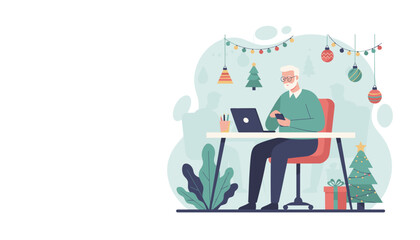 Senior man working remotely on a laptop and smartphone in a festive home office decorated for Christmas