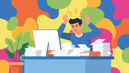 Angry man stressed by piles of paper at computer desk overwork and deadline pressure