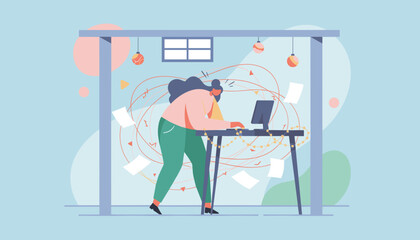 Overwhelmed worker dealing with chaotic deadlines and heavy workload Professional burnout concept