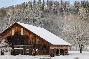 Winter wonderland in Stallikon Switzerland, snow covered wooden barn near Zurich