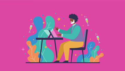 Man working remotely celebrating success with champagne and bright colors