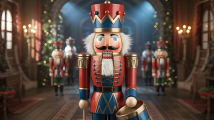 Festive Christmas banner featuring a detailed nutcracker drummer toy, leading an array of holiday nutcrackers. Perfect for seasonal greetings, winter promotions, and joyful Christmas decorations.