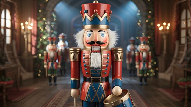 Festive Christmas banner featuring a detailed nutcracker drummer toy, leading an array of holiday nutcrackers. Perfect for seasonal greetings, winter promotions, and joyful Christmas decorations. - Powered by Adobe
