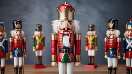 Close-up of traditional wooden Nutcracker figures, classic Christmas holiday decorations. Festive and colorful, perfect for seasonal designs, backgrounds, greeting cards, and celebratory themes.