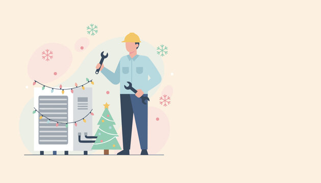 HVAC technician services equipment decorated with Christmas lights symbolizing holiday maintenance work