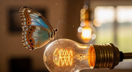 A butterfly resting on a vintage filament bulb, surrounded by a softly illuminated interior with warm cozy hues