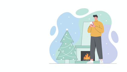 Digital holidays Man scrolls phone near a warm fireplace and Christmas tree Flat vector