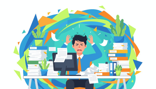 Businessman overwhelmed by paperwork and chaos illustrating work stress and deadline pressure