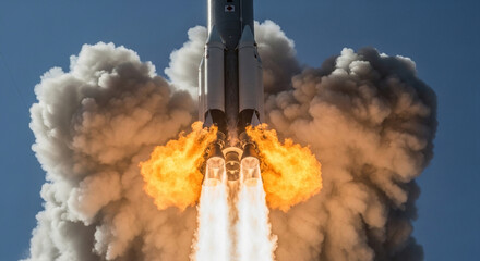 Close-up of a rocket igniting its engines, vibrant flames and smoke clouds bursting outward