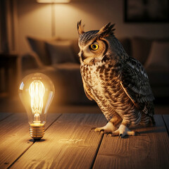 A wise-looking owl standing beside a glowing light bulb on a wooden table, symbolizing intelligence and creative ideas