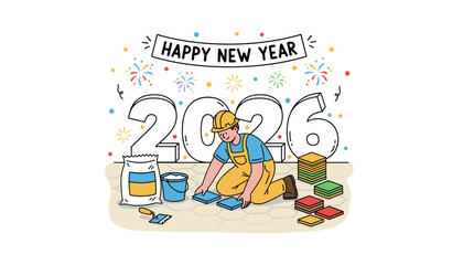 Happy New Year 2026 card featuring a builder laying tiles Industry celebration labor and construction