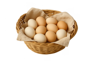 Fresh brown and white eggs in wicker basket