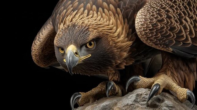 A golden eagle perched with open wings on a rock