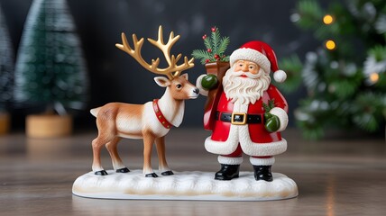 Elegant rose gold reindeer decoration adorns a rustic wooden table, featuring festive Christmas tree lights, pine branches, and ornaments. Ideal for holiday greetings, seasonal banners, and winter