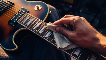 Close-up of Hand Polishing Guitar Fretboard for Maintenance