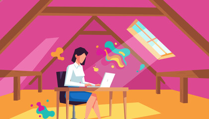Woman working remotely on laptop in a vibrant attic home office symbolizing creative thinking and startup