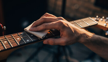 Close-up of a Musician's Hand Thoughtfully Cleaning the Fretboard of an Electric Guitar, Performing Essential Maintenance to Preserve its Rich Sound and Ensure Optimal Playability