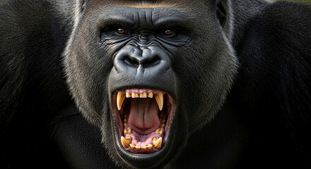 Close-up of an angry male gorilla roaring fiercely, mouth wide open showing sharp teeth, intense expression