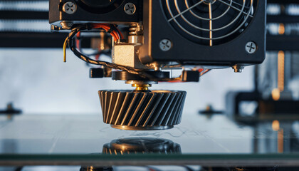 Close-up of a 3D printer head creating a gear part on a transparent surface