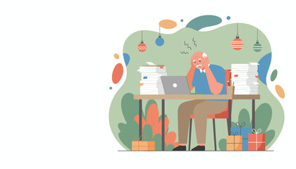 Elderly businessman overwhelmed by yearend work deadlines and holiday stress