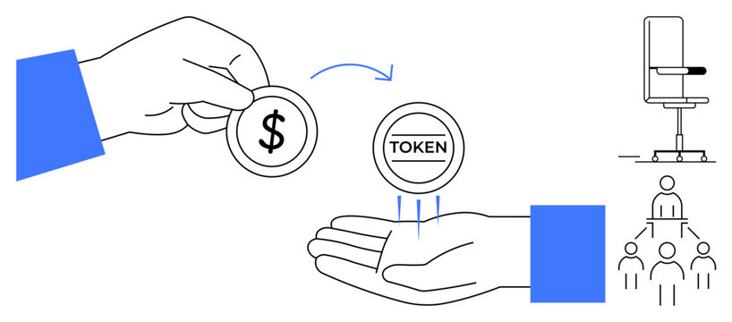 Hands exchanging a dollar coin for a token with arrows, complemented by a chair and team hierarchy. Ideal for finance, cryptocurrency, transactions, teamwork, leadership, decision-making, simple flat