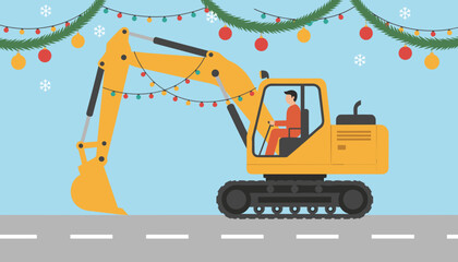 Heavy excavator decorated for Christmas operates on a winter road Construction holiday concept © Flat World Studio