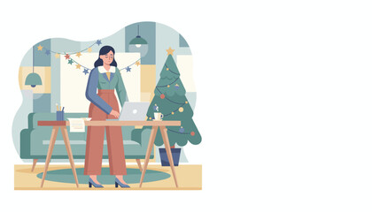 Professional woman working remotely on laptop in festive home office during the Christmas season