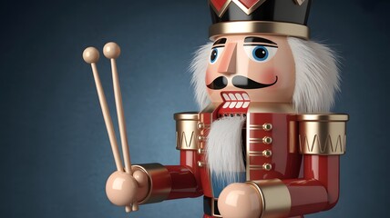 Charming 3D rendered Christmas nutcracker soldier holding drumsticks on a teal background. A festive holiday season design perfect for winter celebration themes, seasonal decor, and traditional art