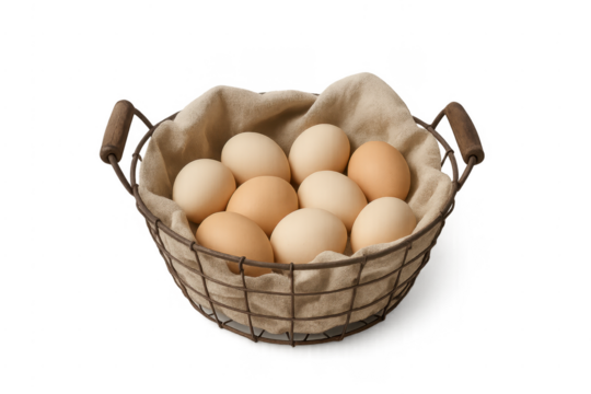 Fresh brown and white eggs in rustic basket