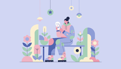 Person uses a digital tablet in a colorful modern garden illustration connecting online