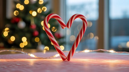 Sweet candy canes form a heartwarming heart shape against a blurred, festive Christmas tree with twinkling lights. Perfect for holiday love, winter celebrations, and seasonal greetings.