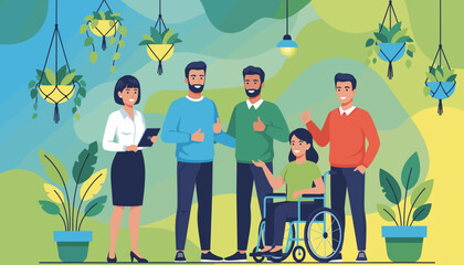 Diverse business team celebrating inclusion and success in a bright biophilic office environment