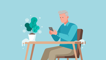 Senior man using smartphone at snowy table during winter Technology lifestyle and communication concept