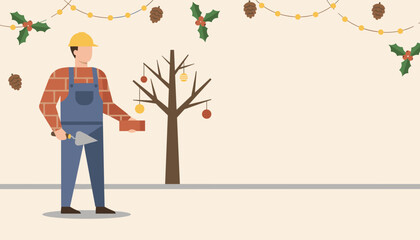 Builder with brick and trowel under holiday decor Construction work during Christmas season