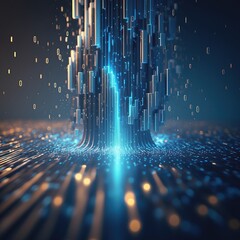 Digital data flow and binary code stream with glowing blue light